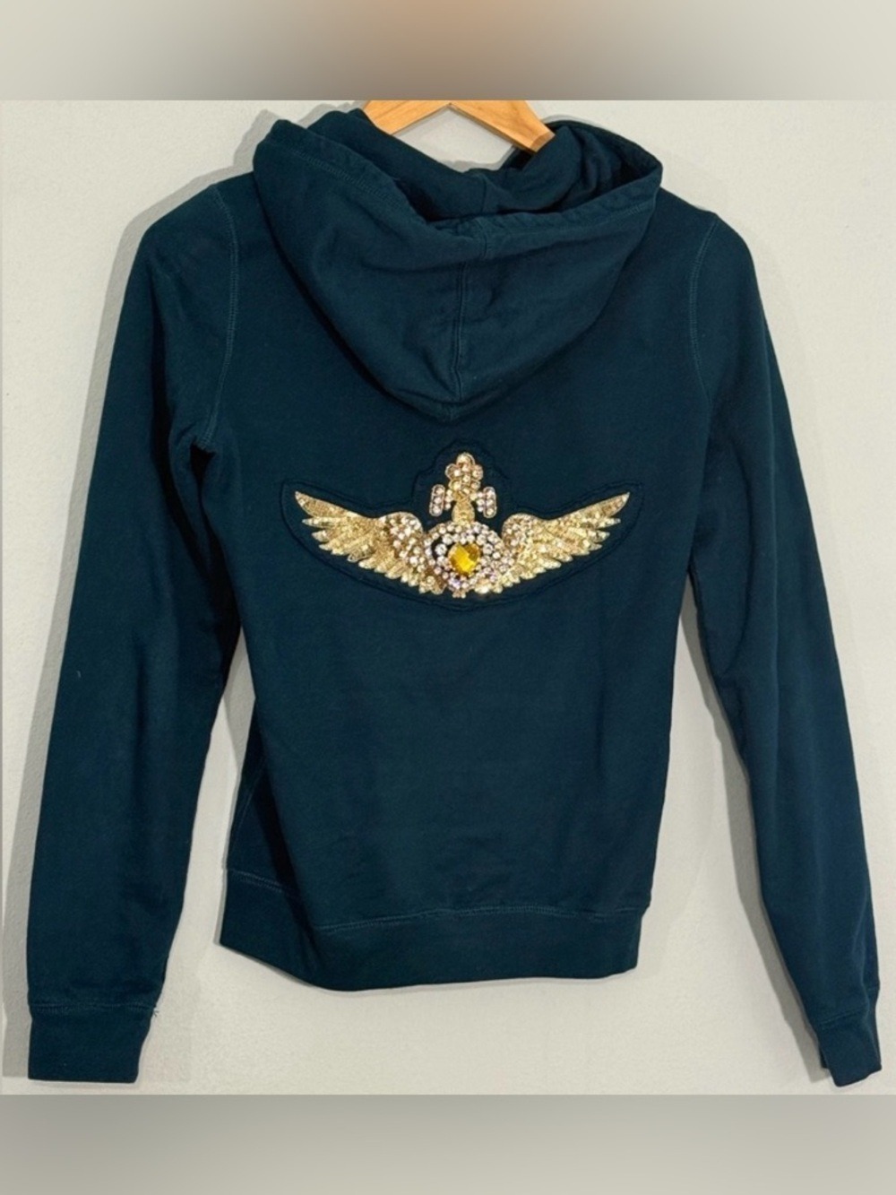 Twisted Heart Y2K Angel Wing Zip Hoodie Green Gold Rhinestone Sz OS